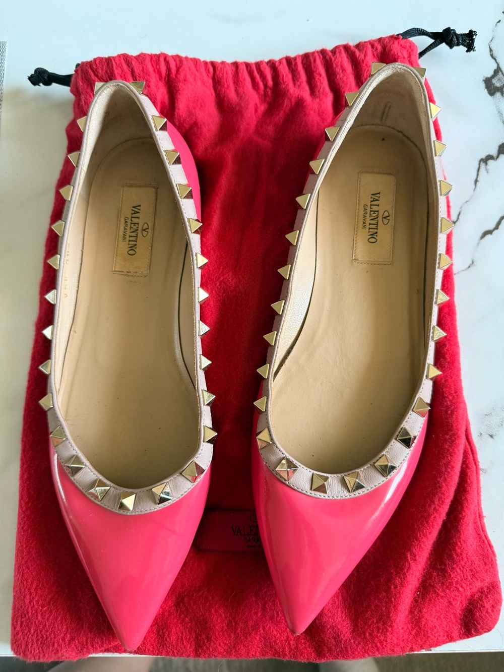 Valentino Rockstud Patent Leather Pointed Toe Flats in Pink